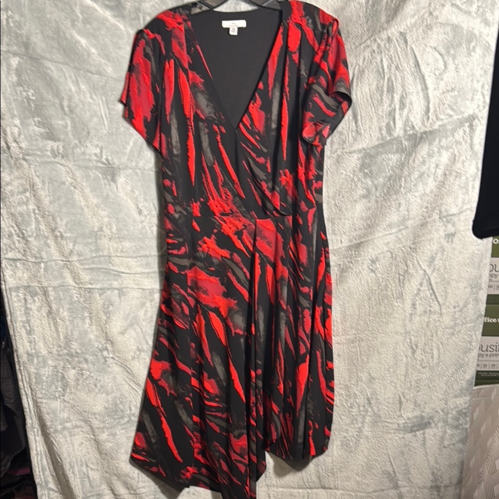 Halston womens‎ dress size large midi red, Black faux wrap dress asymmetric hem